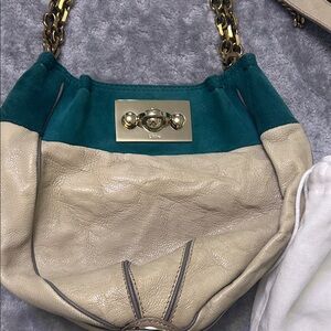 Two-Tone Green and Cream Leather Shoulder Bag